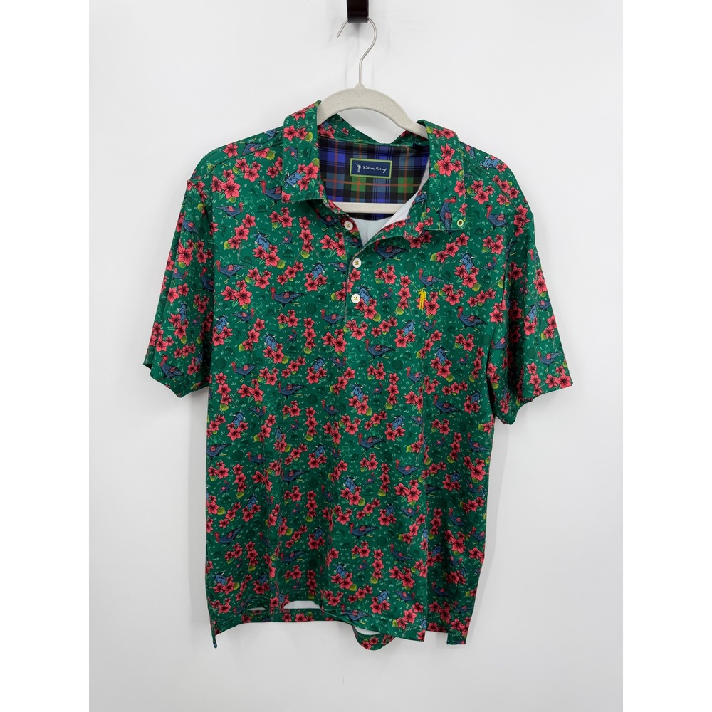 William Murray Golf Polo Shirt Mens Large Green Floral Turkey Cow Print Stretch